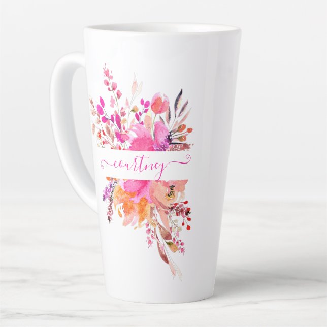 Hellrosa Aquarellblumen personalisiert Milchtasse (Linke Ecke)