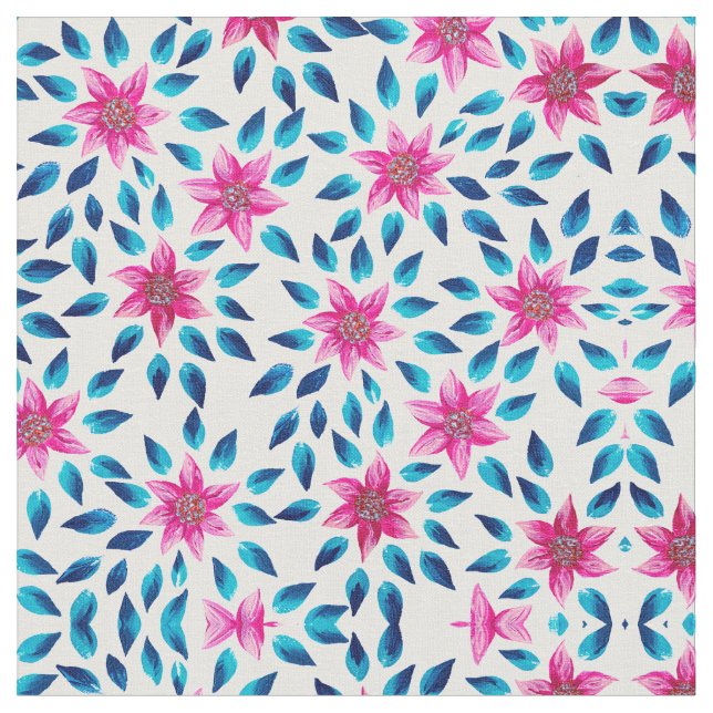 Hellrosa blaue Blumen Blätter Acrylfarbe Stoff (Nahaufnahme)
