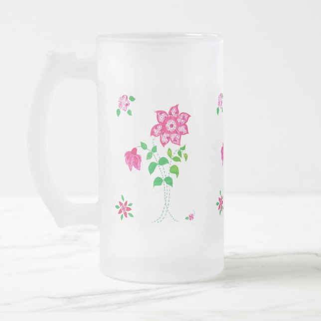 Hellrosa Blume Motif Imitate Applik auf Weiß Mattglas Bierglas (Links)