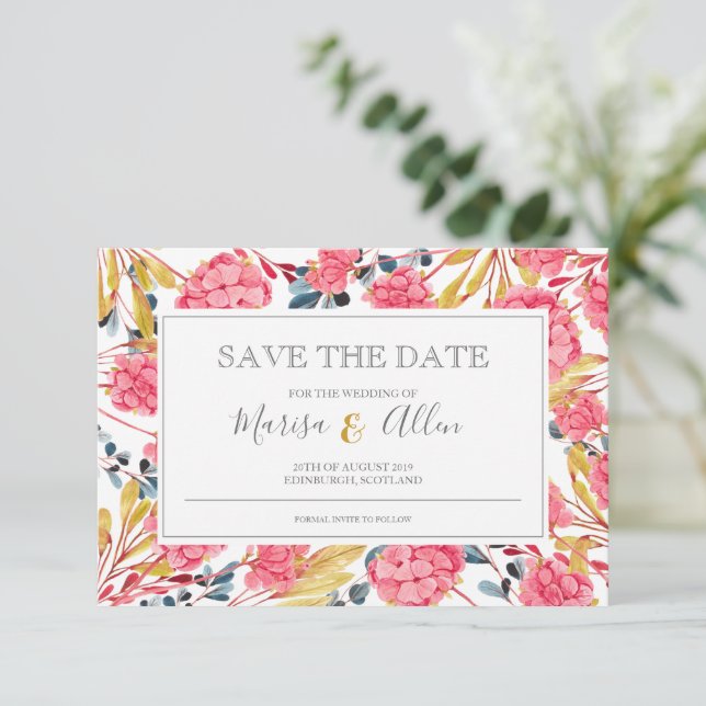 Hellrosa Blumenmuster Save The Date (Stehend Vorderseite)