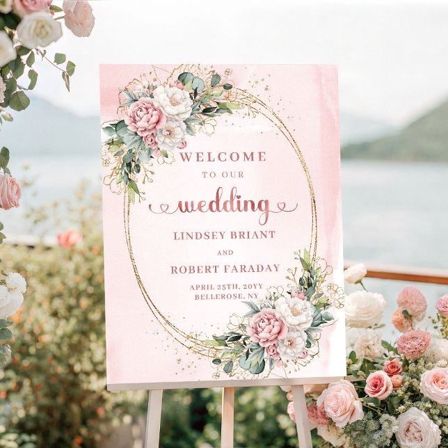 Hellrosa Boho-Roségold-Blumen-Hochzeit  Poster (Light Pink Boho Rose Gold Floral Greenery Wedding Welcome)