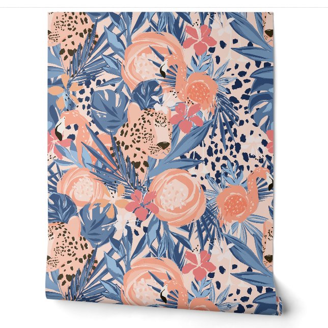 Hellrosa Cheetah und Flamingo Tropical Tapete (Abrollen)