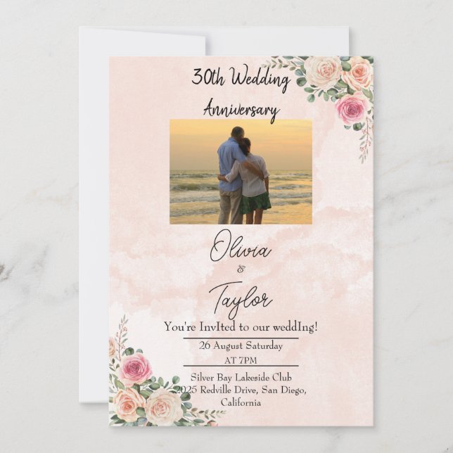 Hellrosa Creme florale Hochzeit Jahrestag Einladung (Vorderseite)