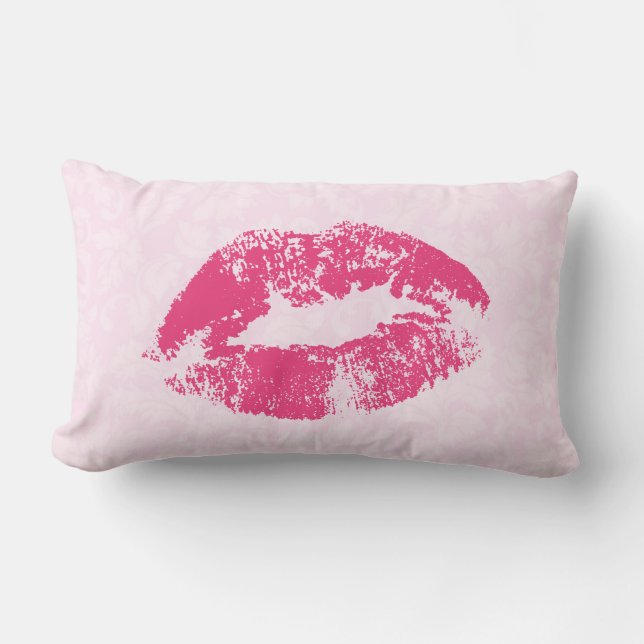 Hellrosa Damast und rosa Lippen Lendenkissen (Vorderseite)