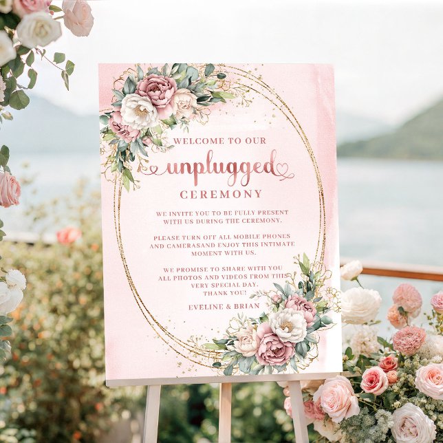 Hellrosa Eukalyptus Unplugged Zeremonie-Schild Poster (Light Pink Eucalyptus Unplugged Ceremony Sign

)