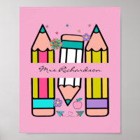 Hellrosa Farbiger Lehrer Cartoon Bleistift Poster