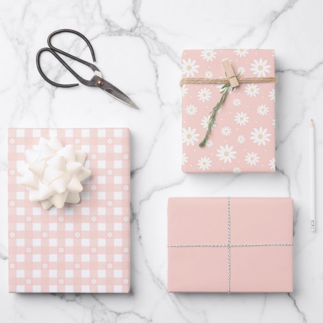Hellrosa Federmuster und festes Wrapping Paper Geschenkpapier Set (Vorderseite)