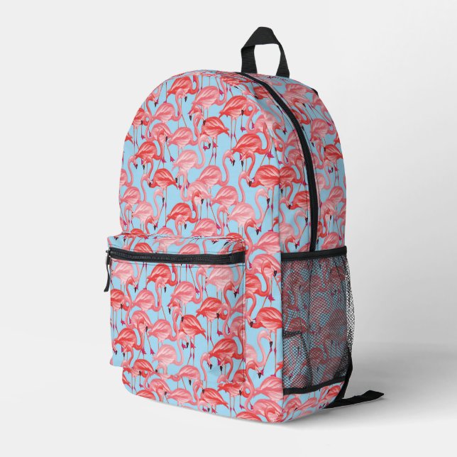 Hellrosa Flamingos auf blau Bedruckter Rucksack (Rückseitige Ecke Rechts)