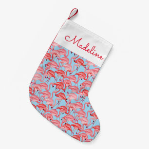 Hellrosa Flamingos auf blau Name hinzufügen Kleiner Weihnachtsstrumpf