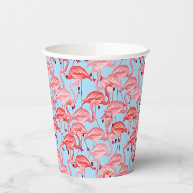 Hellrosa Flamingos auf blau Pappbecher (Links)