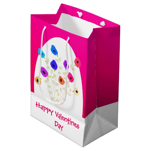Hellrosa Flower Happy Valentines Medium Bag Mittlere Geschenktüte (Vorderseite Schrägansicht)