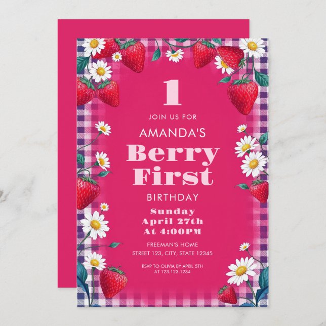 Hellrosa Gingham mit Erdbeeren 1. Geburtstag Einladung (Vorne/Hinten)