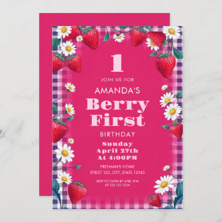 Hellrosa Gingham mit Erdbeeren 1. Geburtstag Einladung