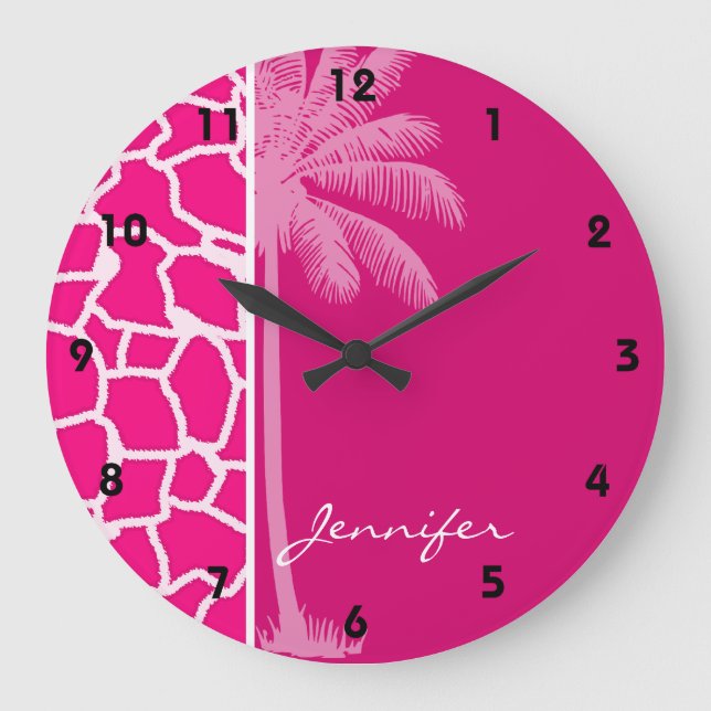Hellrosa Giraffe Tierdrucken; Sommerpalme Große Wanduhr (Vorderseite)