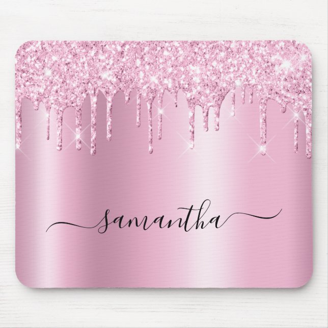 Hellrosa Glittertropfen Schimmer Glam Name Mousepad (Vorne)
