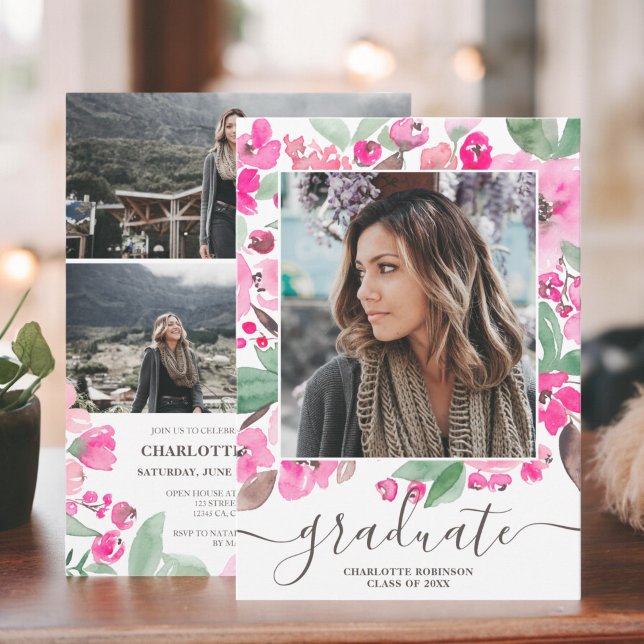 Hellrosa Grünschrift Foto Abschluss Einladung (Bright pink greenery script photo graduation invitation)