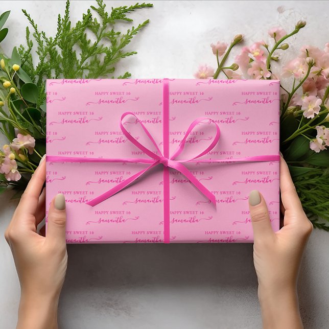 Hellrosa Happy Sweet 16 Niedlich Bow Name Geschenkpapier Set (Light and Hot Pink Happy Sweet 16 Cute Bow Name Wrapping Paper Sheets)