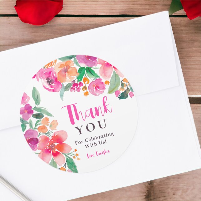 Hellrosa Herbst Blumenbezug Dank Brautparty Runder Aufkleber (Bright hot pink fall floral thanks bridal shower classic round sticker)