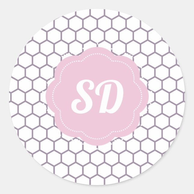 Hellrosa Honeycomb Hexagon Custom Monogram Runder Aufkleber (Vorderseite)