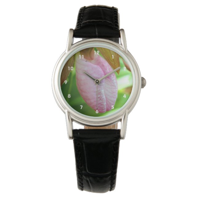 Hellrosa Lady Slipper Orchideen Blume Nah Armbanduhr (Vorderseite)