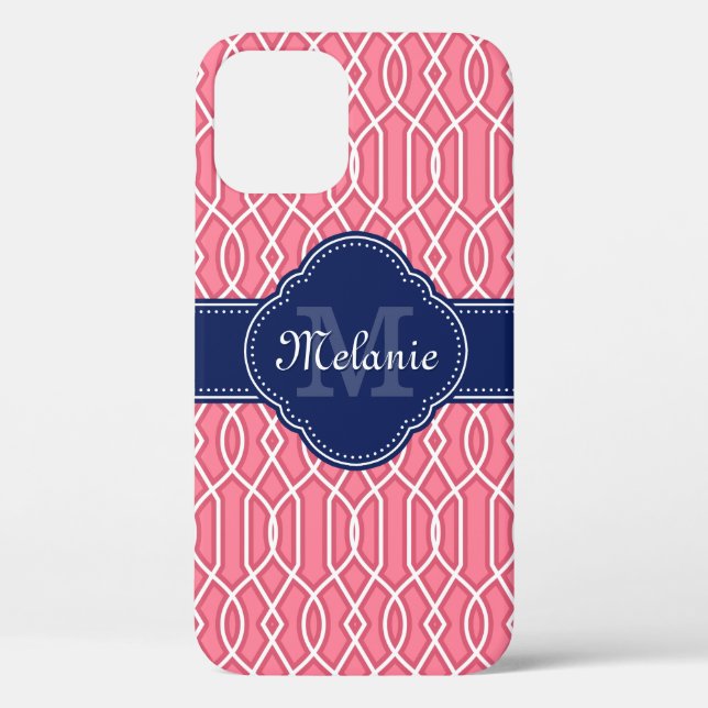 Hellrosa, Lattice Muster Navy Monogram Case-Mate iPhone Hülle (Rückseite)