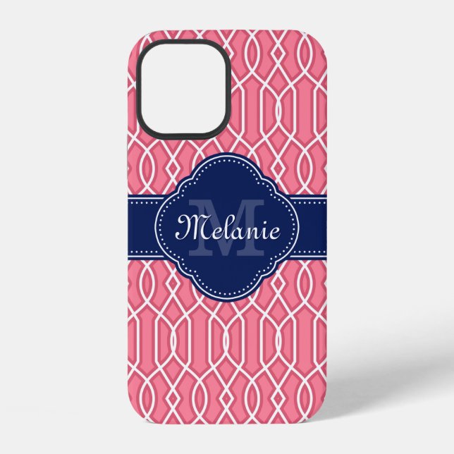 Hellrosa, Lattice Muster Navy Monogram iPhone 12 Hülle (Rückseite)