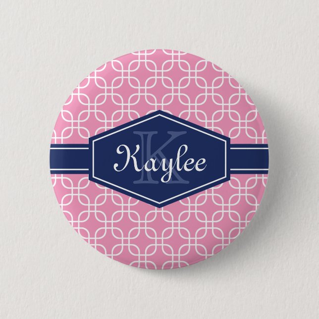 Hellrosa Modern Square Muster Blaue Beschriftung Button (Vorderseite)