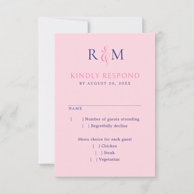 Hellrosa Navy Einfache Monogram Wedding RSVP Karte (Vorderseite)