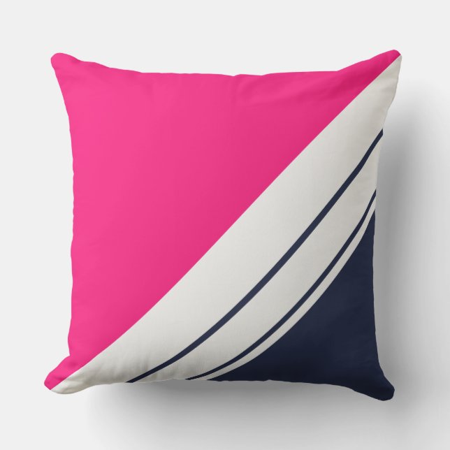 Hellrosa Navy Sporty Diagonal Weiße Streifen Kissen (Vorderseite)