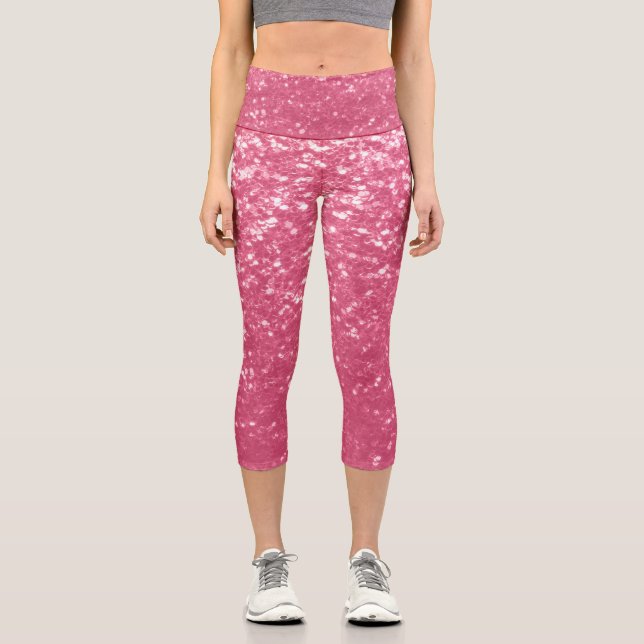 Hellrosa Rose Imitate Glitzern Glitzer Capri Leggings (Vorderseite)