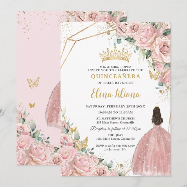 Hellrosa Rose Quinceanera Sweet 16 Einladung (Vorne/Hinten)