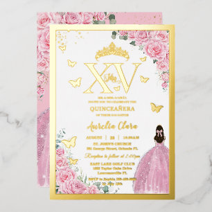 Hellrosa Rosen Florale Quinceanera Mis XV Gold Folieneinladung