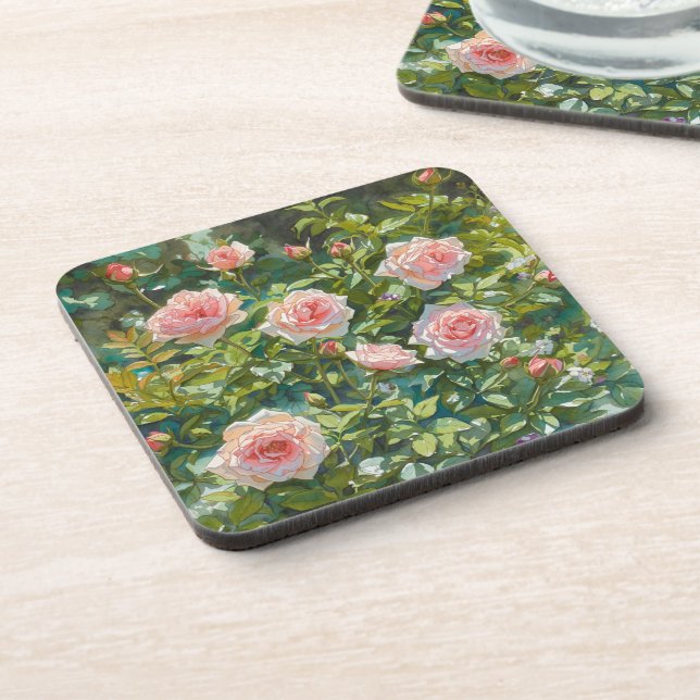 Hellrosa Rosen Garten Blumen Getränkeuntersetzer (Linke Seite)