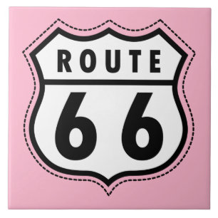 Hellrosa Route 66 Straßenschild Fliese