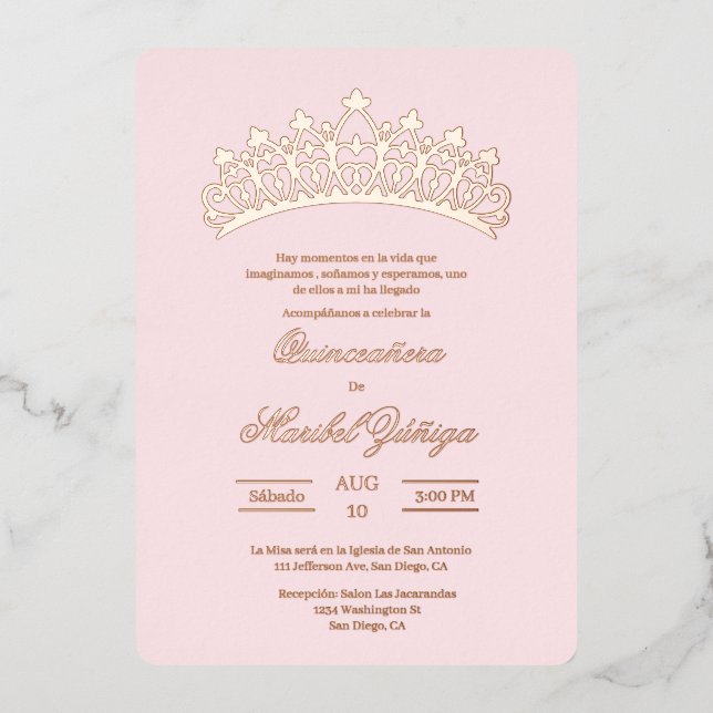 Hellrosa Thema Quinceanera Folieneinladung (Vorderseite)