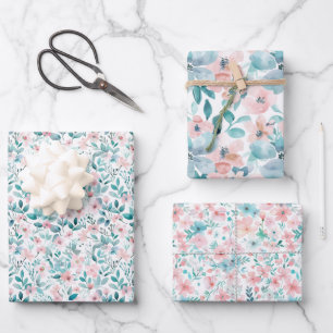 Hellrosa und Aquamarines Blumenmuster Geschenkpapier Set