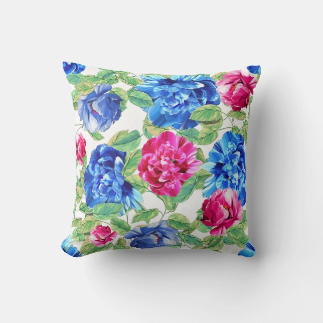 Hellrosa und blaue, florale Hübsche Mustertafel P Kissen (Vorderseite)