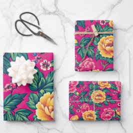 Hellrosa und gelbe Chinoiserie Blumen Geschenkpapier Set