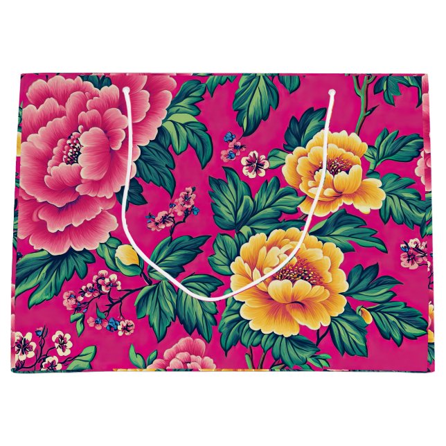 Hellrosa und gelbe Chinoiserie Blumen Große Geschenktüte (Vorderseite)