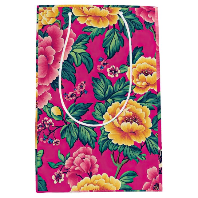 Hellrosa und gelbe Chinoiserie Blumen Mittlere Geschenktüte (Vorderseite)