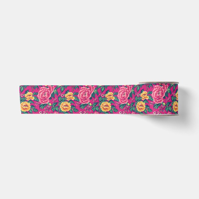Hellrosa und gelbe Chinoiserie Blumen Satinband (Vorderseite)