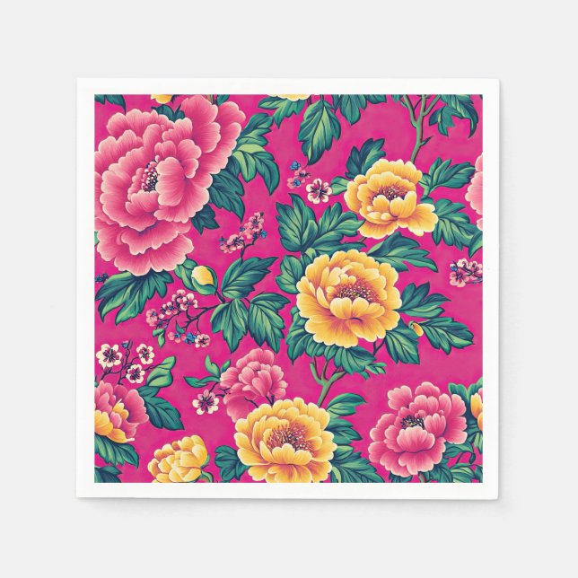 Hellrosa und gelbe Chinoiserie Blumen Serviette (Vorderseite)