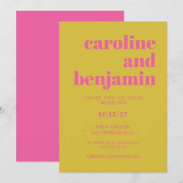 Hellrosa und gelbe Typografie Moderne Hochzeit Einladung (Vorne/Hinten)