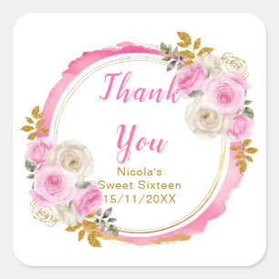 Hellrosa und goldene elegante Blumen Sweet Sixteen Quadratischer Aufkleber