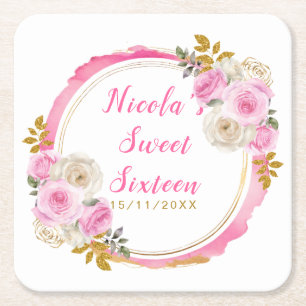 Hellrosa und goldene elegante Blumen Sweet Sixteen Rechteckiger Pappuntersetzer