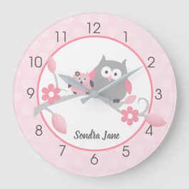 Hellrosa und graue Happy Owls Girl Kinderzimmer Große Wanduhr