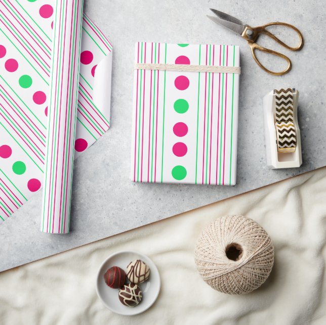 Hellrosa und grüne Polka Punkte und Streifen Geschenkpapier (Kunsthandwerk)