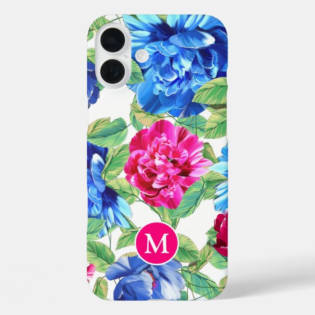 Hellrosa und Hübsche blauflorale Monogramm iPhone 16 Plus Hülle (Rückseite)