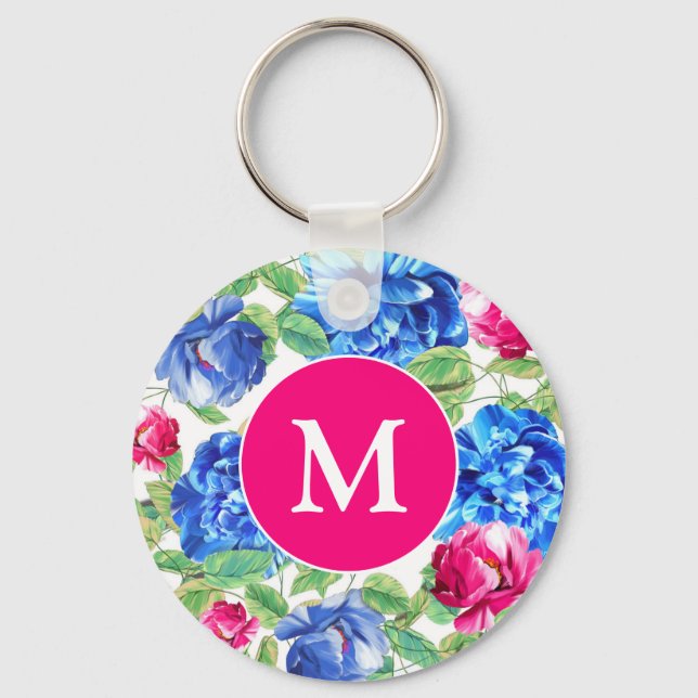 Hellrosa und Hübsche blauflorale Monogramm Schlüsselanhänger (Vorderseite)