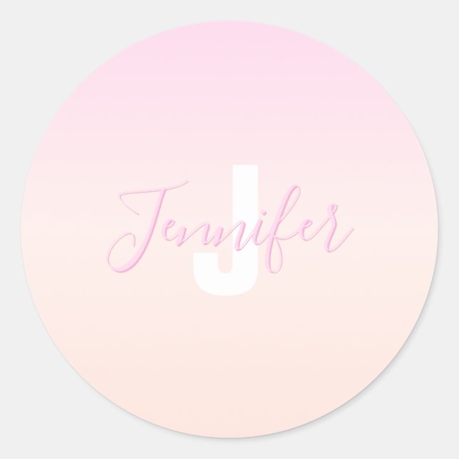 Hellrosa und Pfirsichfarben Ombre Name & Monogramm Runder Aufkleber (Vorderseite)